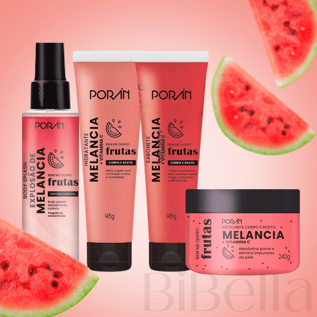 Kit Spa Banho Cuidados Diários Rosto e Corpo Porán - Esfoliante, Hidratante, Sabonete e Body Splash - Corporal e Facial