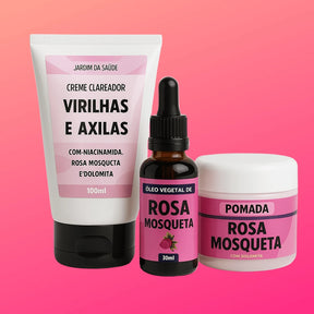 Kit Creme Clareador Virilhas e Axilas + Pomada Clareadora de Rosa Mosqueta + Óleo de Rosa Mosqueta 100% Puro