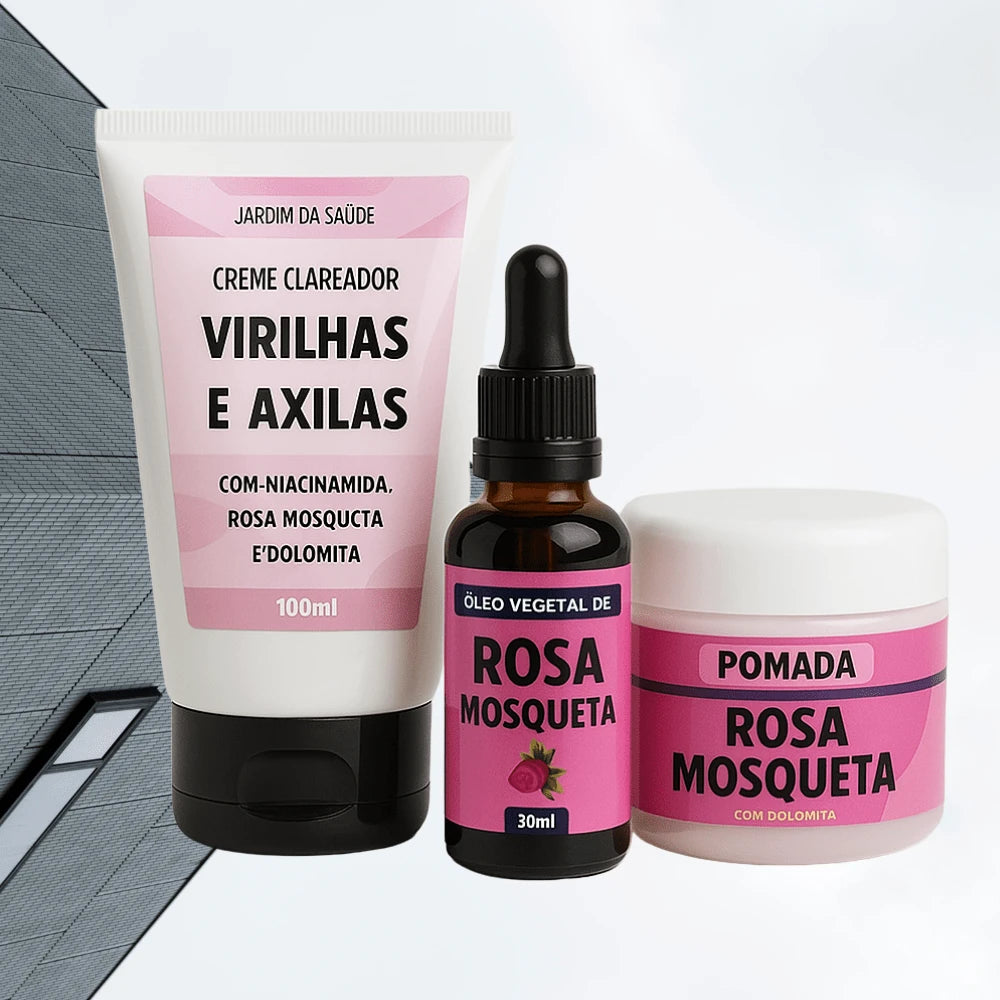 Kit Creme Clareador Virilhas e Axilas + Pomada Clareadora de Rosa Mosqueta + Óleo de Rosa Mosqueta 100% Puro